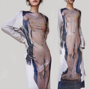 Ann demeulemeester beige kaftan knit maxi long sleeve belted dress